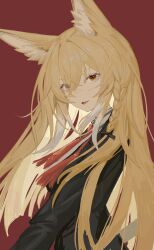 1girl :d animal_ear_fluff animal_ears arknights black_jacket blonde_hair braid chinese_commentary colored_tips commentary eyes_visible_through_hair facial_scar fox_ears fox_girl from_side hair_between_eyes hair_over_one_eye hair_ribbon highres jacket long_hair long_sidelocks looking_at_viewer looking_to_the_side multicolored_hair necktie open_mouth orange_eyes red_background red_necktie ribbon scar scar_on_cheek scar_on_face shirt short_necktie side_braid sidelocks simple_background single_braid smile solo suit_jacket tassel tress_ribbon turning_head two-tone_hair upper_body vulpisfoglia_(arknights) white_hair white_shirt yan_z