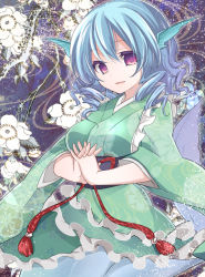 Rule 34 | 1girl, animal ears, asa (coco), blue hair, fins, head fins, japanese clothes, long sleeves, mermaid, monster girl, obi, open mouth, red eyes, sash, short hair, smile, solo, touhou, wakasagihime, wide sleeves