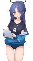 Rule 34 | 1girl, bare legs, black shirt, blue archive, blue buruma, blue eyes, blue jacket, buruma, feet out of frame, halo, highres, holding, holding tablet pc, hukahire0120, id card, jacket, jacket partially removed, lanyard, long hair, long sleeves, looking at viewer, notice lines, off shoulder, official alternate costume, partially unzipped, pen, ponytail, purple hair, shirt, short sleeves, simple background, solo, star (symbol), sweat, tablet pc, thighs, track jacket, white background, yuuka (blue archive), yuuka (track) (blue archive)