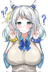 Rule 34 | 1girl, ?, alternate costume, animal ears, blue eyes, blush, bowtie, breasts, commentary request, corrupted twitter file, double v, grey hair, gyaru, hair ornament, highres, hishi miracle (umamusume), horse ears, horse girl, kumiyabe, large breasts, looking at viewer, medium hair, portrait, ribbon, ringed eyes, striped bow, striped bowtie, striped clothes, umamusume, v, white background
