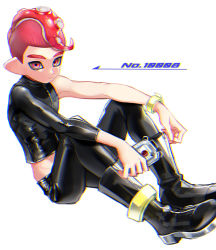 Rule 34 | 1boy, agent 8 (splatoon), black footwear, black pants, boots, chromatic aberration, closed mouth, holding, long sleeves, looking at viewer, male focus, mimimi (echonolog), mohawk, nintendo, octoling, octoling boy, octoling player character, pants, pink eyes, red eyes, red hair, short hair, simple background, single sleeve, sitting, solo, splatoon (series), splatoon 2, splatoon 2: octo expansion, suction cups, tentacle hair, white background, zipper