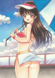 Rule 34 | 1girl, 1990s (style), absurdres, ass, bare shoulders, blue sky, blush, brown eyes, brown hair, clothes writing, cloud, crop top, from behind, future gpx cyber formula, halterneck, high collar, highres, holding, holding umbrella, long hair, looking at viewer, looking back, microskirt, midriff, miniskirt, no panties, open mouth, race queen, racetrack, skirt, sky, smile, sugou asuka, tomoeri, traditional media, umbrella