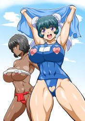 Rule 34 | 00s, 2girls, arms up, beyblade, black hair, blue hair, blush, breasts, brown eyes, covered erect nipples, crotchless, crotchless swimsuit, dark-skinned female, dark skin, double bun, hand on own hip, hip focus, hokuto (tokuho), huge breasts, large breasts, mei mei (beyblade), metal fight beyblade, multiple girls, nippleless clothes, nipples, one-piece swimsuit, open mouth, purple eyes, pussy, sarashi, selen gracy, smile, swimsuit, thighs, towel, uncensored