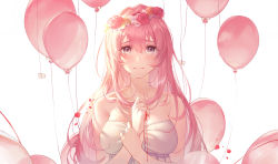 Rule 34 | 1girl, 3:, arl, balloon, bare arms, bare shoulders, blush, breasts, cleavage, closed mouth, collarbone, commentary, crying, crying with eyes open, dress, english commentary, flower, flower wreath, head wreath, highres, just be friends (vocaloid), large breasts, long hair, looking at viewer, megurine luka, petals, pink flower, pink hair, pink rose, purple eyes, red ribbon, ribbon, rose, simple background, solo, strapless, strapless dress, string, string of fate, tears, very long hair, vocaloid, white background, white dress