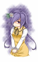 Rule 34 | 1girl, bad id, bad pixiv id, bags under eyes, dress, dress grab, flower, gradient background, hair flower, hair ornament, hair over one eye, highres, long hair, long sleeves, looking at viewer, multiple girls, purple background, purple eyes, purple hair, solo, touhou, tsukumo benben, twintails, v arms, yellow dress, zetsumame