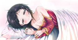 Rule 34 | 10s, 1girl, bare shoulders, bed, black hair, blanket, breasts, cleavage, collarbone, detached sleeves, dress, kono subarashii sekai ni shukufuku wo!, looking at viewer, lying, megumin, on side, pillow, red dress, red eyes, rigorigo, short hair, small breasts, smile, solo, squinting, strapless, strapless dress, transparent