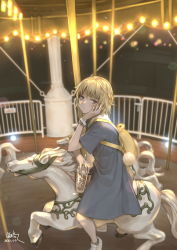 Rule 34 | 1girl, absurdres, backpack, bag, blonde hair, blue dress, bob cut, carousel, cup, disposable cup, dress, highres, kyouki no kimi, legs, looking at viewer, night, original, outdoors, pinafore dress, red eyes, sailor dress, shoes, short hair, signature, sleeveless dress, solo