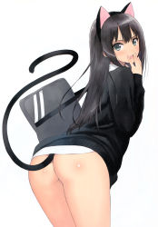 Rule 34 | 10s, 1girl, absurdres, animal ears, ass, bag, black hair, blue eyes, bottomless, cardigan, cat ears, cat tail, fake animal ears, from behind, hairband, hand to own mouth, highres, idolmaster, idolmaster cinderella girls, leaning forward, long hair, looking back, open mouth, scan, school bag, school uniform, shibuya rin, shirt tug, shoulder bag, simple background, solo, standing, tail, tears, tony taka, white background