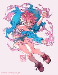Rule 34 | 1girl, ashido mina, black sclera, boku no hero academia, casual, colored sclera, colored skin, commentary, dated, english commentary, full body, highres, horns, off shoulder, pink hair, poch4n, shoes, short hair, signature, slime (substance), smile, sneakers, solo, teeth, white background, yellow eyes