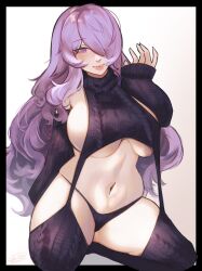 Rule 34 | 1girl, bare shoulders, black panties, blush, breasts, camilla (fire emblem), fire emblem, fire emblem fates, hair over one eye, highres, hinahaii, large breasts, long hair, looking at viewer, meme attire, navel, nintendo, panties, purple eyes, purple hair, revealing clothes, ribbed sweater, sideboob, smile, solo, stomach, sweater, turtleneck, turtleneck sweater, underboob, underwear, very long hair, virgin destroyer sweater, wavy hair