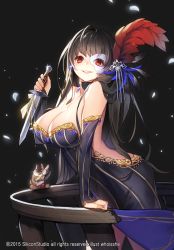 Rule 34 | 10s, 1girl, 2015, arched back, arm support, artist name, balcony, bare shoulders, beads, black background, black hair, breasts, broken, choker, cleavage, company name, dated, detached sleeves, dress, earrings, eyebrows, feather hair ornament, feathers, female focus, gyakushuu no fantasica, hair ornament, jewelry, large breasts, leaning forward, long hair, looking at viewer, mask, nut (food), railing, red eyes, short sword, simple background, smile, solo, squirrel, strapless, strapless dress, sword, very long hair, weapon, whoisshe
