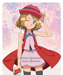 Rule 34 | 1girl, ;), bare arms, black thighhighs, blue eyes, blue ribbon, closed mouth, commentary, creatures (company), dress, english commentary, eyelashes, game freak, hand on headwear, hat, holding, holding poke ball, light brown hair, looking at viewer, medium hair, neck ribbon, nintendo, noelia ponce, one eye closed, pink dress, pink hat, poke ball, poke ball (basic), pokemon, pokemon (anime), pokemon xy (anime), ribbon, serena (pokemon), sleeveless, smile, solo, thighhighs, watermark