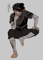 Rule 34 | 1boy, absurdres, arm wrap, bandaid, bandaid on face, bandaid on nose, blood, brown pants, brown shirt, capri pants, commentary request, dirty, dirty face, frown, grey background, head rest, highres, invisible chair, iwamushi, leg up, leg wrap, male focus, natsuki subaru, one eye covered, pants, parted lips, re:zero kara hajimeru isekai seikatsu, shirt, short hair, short sleeves, simple background, sitting, solo, spread legs, sweatdrop, t-shirt, toes, translation request