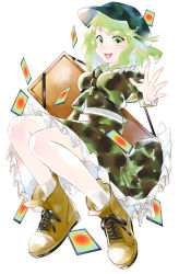 Rule 34 | 1girl, absurdres, artist request, backpack, bag, boots, breasts, brown footwear, cabbie hat, camouflage, camouflage headwear, camouflage jacket, camouflage skirt, card, dress, flat cap, full body, green dress, green eyes, green hair, green hat, hat, highres, jacket, jewelry, key, key necklace, looking at viewer, medium breasts, necklace, open mouth, short hair, simple background, skirt, skirt set, touhou, white background, yamashiro takane