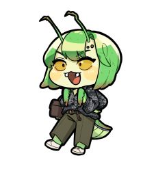 Rule 34 | :3, :d, antennae, arthropod girl, belt, black eyes, black sweater, blush, blush stickers, brown bag, brown pants, colored sclera, colored skin, extra arms, full body, green hair, green skin, mantis-chan (sparrowl), mantis girl, medium hair, monster girl, multicolored skin, open mouth, original, pants, simple background, smile, sparrowl, suitcase, sweater, two-tone skin, white background, yellow sclera, yellow skin