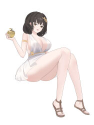 Rule 34 | 1girl, absurdres, apple, armlet, armpits, ass, black hair, breasts, brown dust 2, brown eyes, brown footwear, chow0312, cleavage, dress, food, fruit, full body, golden apple, hair ornament, highres, holding, holding food, holding fruit, knees together feet apart, large breasts, looking at viewer, open mouth, sandals, scheherazade (brown dust), shadow, short hair, sideboob, simple background, sitting, sleeveless, sleeveless dress, smile, solo, toes, white background, white dress