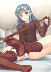 Rule 34 | 10s, 1girl, :o, aqua eyes, aqua hair, asahina hikage, ascot, book, breasts, brown jacket, brown skirt, brown thighhighs, buttons, ceiling, chestnut mouth, clothes lift, collared shirt, eyebrows, feet, from below, hair ornament, hairclip, hand under clothes, indoors, jacket, kantai collection, lamp, leg up, long hair, long sleeves, looking at viewer, medium breasts, miniskirt, no shoes, on bed, panties, pleated skirt, pulled by self, school uniform, shelf, shirt, sitting, skirt, skirt lift, solo, suzuya (kancolle), thighhigh dangle, thighhighs, thighhighs pull, underwear, undressing, white panties, white shirt