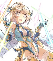 Rule 34 | 1girl, armor, elbow gloves, feathered wings, gloves, hair ornament, highres, ishiyumi, leotard, light brown hair, looking at viewer, navi (p&amp;d), open mouth, puzzle &amp; dragons, short hair, simple background, solo, thighhighs, white background, white wings, wings, yellow eyes