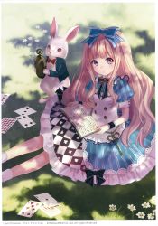 Rule 34 | 1girl, absurdres, alice (alice in wonderland), animal, apron, blue eyes, book, brown hair, rabbit, card, flower, fukahire (ruinon), glasses, highres, last chronicle, long hair, looking at viewer, official art, pocket watch, ribbon, shadow, short sleeves, sitting, watch, white rabbit (alice in wonderland), wrist cuffs