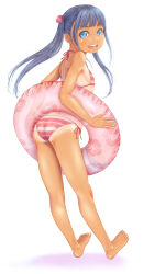 Rule 34 | 1girl, absurdres, ass, barefoot, bikini, blue eyes, blue hair, commentary request, full body, hair bobbles, hair ornament, highres, innertube, long hair, looking at viewer, looking back, open mouth, original, red bikini, side-tie bikini bottom, smile, solo, striped bikini, striped clothes, swim ring, swimsuit, tan, tanline, twintails, uzuki mei