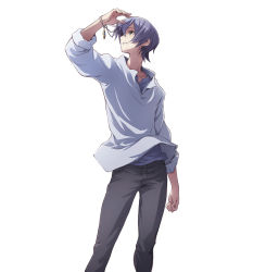 Rule 34 | 10s, 1boy, arashi teppei, captain earth, highres, jewelry, looking up, male focus, minato fumi, necklace, official art, purple hair, solo, yellow eyes