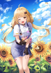 Rule 34 | 1girl, ;d, ahoge, belt, black choker, black gloves, blonde hair, blue skirt, choker, cloud, collared shirt, day, fingerless gloves, flower, gloves, hair ornament, hairclip, hand on own thigh, highres, long hair, looking at viewer, low twintails, lunacle, one eye closed, open mouth, orange eyes, outdoors, overall skirt, overalls, shirli (tower of fantasy), shirt, short sleeves, skirt, smile, solo, standing, sunflower, sunlight, thighs, tower of fantasy, twintails, white shirt