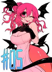 Rule 34 | 1girl, armpit crease, bat wings, black wings, boots, breasts, chapter number, dress, fangs, fangs out, hands on own chest, head wings, highres, large breasts, one eye closed, pantyhose, pink eyes, pink hair, sumire (yakunitatsu node chi o kudasai), vampire, vietnamese dress, white dress, wings, yakunitatsu node chi o kudasai, zyugoya