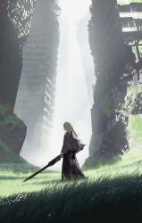 Rule 34 | 1girl, abandoned, absurdres, asteroid ill, blonde hair, blurry, blurry foreground, building, city, cornea (asteroid ill), covered eyes, dress, facing to the side, fog, grass, highres, holding, holding sword, holding weapon, long hair, looking ahead, moss, nature, original, outdoors, overgrown, post-apocalypse, prosthesis, prosthetic hand, purple dress, purple shawl, rubble, ruins, scenery, shaded face, shadow, shawl, silhouette, sky, skyscraper, solo, sunlight, sword, walking, weapon, wind