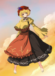 Rule 34 | 1girl, aki minoriko, alternate breast size, apron, barefoot, blonde hair, breasts, cloud, dress, female focus, food, food-themed clothes, fruit, grapes, hat, huge breasts, long sleeves, neck ribbon, nekomamire, red eyes, ribbon, short hair, smile, solo, touhou, wheat, wide sleeves
