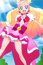 Rule 34 | 1girl, :d, blonde hair, blue eyes, bow, clenched hand, cure flora, gloves, go! princess precure, gradient hair, haruno haruka, long hair, looking at viewer, magical girl, multicolored hair, oimanji, open mouth, pink hair, precure, smile, solo, two-tone hair, waist bow, white gloves