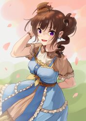 Rule 34 | 1girl, ahoge, blue dress, bracelet, brown hair, brown hat, brown shirt, burger, collared shirt, commentary, dress, drill hair, earrings, english commentary, food, food-themed hair ornament, frilled dress, frills, hair ornament, hair tie, hat, highres, idolmaster, idolmaster million live!, jewelry, kamille (vcx68), looking at viewer, medium dress, medium hair, open mouth, petals, pinafore dress, purple eyes, shirt, side drill, side ponytail, sidelocks, sleeveless, sleeveless dress, smile, solo, standing, wind, yokoyama nao