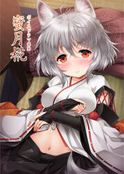 Rule 34 | 1girl, animal ears, black gloves, black skirt, blush, breasts, closed mouth, comiket 93, commentary request, fingerless gloves, gloves, grey hair, highres, indoors, inubashiri momiji, kei kei, kourindou tengu costume, looking at viewer, medium breasts, navel, official alternate costume, red eyes, ribbon-trimmed sleeves, ribbon trim, short hair, skirt, smile, solo, tail, touhou, translation request, wide sleeves, wolf ears, wolf girl, wolf tail
