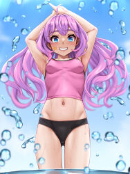 Rule 34 | 1girl, absurdres, ahoge, armpits, arms up, black panties, blue eyes, blue sky, blush, breasts, camisole, commentary request, cowboy shot, day, gluteal fold, grin, groin, highres, john doe shinobu, long hair, looking at viewer, navel, original, paid reward available, panties, pink camisole, pink hair, sky, small breasts, smile, solo, star sticker, sticker on face, stomach, straight-on, sweat, tareme, thick eyebrows, underwear, water drop, wet