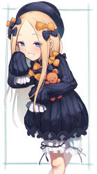 Rule 34 | 1girl, abigail williams (fate), black bow, black dress, black hat, blonde hair, bloomers, blue eyes, blush, bow, breasts, dress, fal (fal-se-0), fate/grand order, fate (series), forehead, grin, hair bow, hat, highres, holding, holding stuffed toy, long hair, long sleeves, looking at viewer, multiple hair bows, orange bow, parted bangs, polka dot, polka dot bow, ribbed dress, simple background, sleeves past fingers, sleeves past wrists, small breasts, smile, solo, stuffed animal, stuffed toy, teddy bear, underwear, white background, white bloomers
