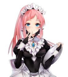 Rule 34 | 1girl, bad id, bad twitter id, blue eyes, bridal gauntlets, closed mouth, commission, felicia (fire emblem), fire emblem, fire emblem fates, gem, highres, holding, holding plate, long hair, maid, maid headdress, nintendo, pink hair, plate, ponytail, simple background, smile, solo, upper body, white background, yoru (yowuyoru)
