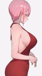 Rule 34 | 1girl, backless dress, backless outfit, bare arms, bare shoulders, blue eyes, breasts, cocktail dress, dress, earrings, from side, go-toubun no hanayome, halterneck, highres, jewelry, large breasts, looking ahead, nakano ichika, pink hair, red dress, short hair, sideboob, simple background, sleeveless, sleeveless dress, solo, sooon, stud earrings