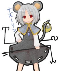 Rule 34 | 1girl, animal ears, basket, female focus, grey hair, mouse (animal), mouse ears, mouse tail, nazrin, raito (itoraito), red hair, short hair, simple background, solo, standing, tail, touhou, white background