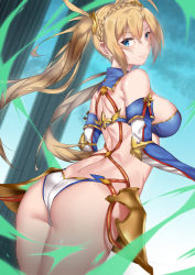 Rule 34 | 1girl, absurdres, armor, ass, bare shoulders, bikini, black bikini, blonde hair, blue eyes, blush, bradamante (fate), bradamante (third ascension) (fate), braid, breasts, butt crack, dutch angle, elbow gloves, fate/grand order, fate (series), faulds, french braid, from behind, gloves, hair between eyes, highres, long hair, looking at viewer, looking back, medium breasts, shiny skin, smile, solo, standing, swimsuit, twintails, very long hair, vitotraps, white bikini