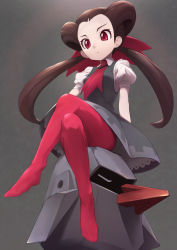 Rule 34 | 10s, 1girl, ascot, blouse, brown hair, creatures (company), crossed legs, dress, feet, full body, game freak, gen 3 pokemon, grey background, grey dress, gym leader, hair ornament, highres, long hair, nanjin, nintendo, no shoes, nosepass, pantyhose, pink pantyhose, pokemon, pokemon (creature), pokemon oras, red eyes, roxanne (pokemon), shirt, sitting, twintails