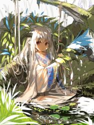 Rule 34 | 1girl, closed mouth, commentary request, curled horns, grey hair, holding, horns, long hair, long sleeves, looking at viewer, original, plant, pointy ears, red eyes, robe, sketch, solo, very long hair, water, white robe, wide sleeves, yuuji (yukimimi)