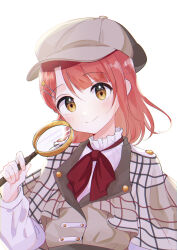 Rule 34 | 1girl, bow, bowtie, brown jacket, closed mouth, frilled shirt, frills, grey headwear, hair ornament, hairclip, highres, holding, holding magnifying glass, jacket, long sleeves, looking at viewer, love live!, love live! nijigasaki high school idol club, magnifying glass, medium hair, pink hair, plaid capelet, red bow, red bowtie, shirt, solo, standing, uehara ayumu, upper body, walking dream, watanabe nako, white background, white shirt, yellow eyes
