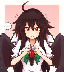 Rule 34 | 1girl, ahoge, black hair, black wings, blush, border, bow, bowtie, breasts, commentary, commission, english commentary, feathered wings, fingers together, flying sweatdrops, green bow, green bowtie, hair between eyes, index fingers together, large breasts, long hair, looking at viewer, outside border, pink background, puffy short sleeves, puffy sleeves, red eyes, reiuji utsuho, shirt, short sleeves, sidelocks, simple background, smile, solo, spoken blush, touhou, upper body, very long hair, white border, white shirt, wings, wool (miwol)