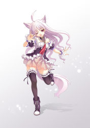 Rule 34 | 1girl, acami, ahoge, animal ears, bare shoulders, black thighhighs, boots, detached sleeves, dog ears, dress, elin, full body, gradient background, highres, leg lift, long hair, \\n/, one eye closed, open mouth, pink hair, red eyes, simple background, smile, solo, standing, standing on one leg, tail, tera online, thighhighs, zettai ryouiki