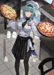 Rule 34 | 1girl, alternate costume, black pantyhose, blue hair, bow, bowtie, breasts, clothes lift, eula (genshin impact), eula (pizza hut) (genshin impact), food, genshin impact, hat, highres, looking at viewer, medium breasts, open mouth, pantyhose, pizza, short hair, skirt, skirt lift, the olphy, yellow eyes