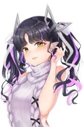 Rule 34 | 1girl, absurdres, aran sweater, backless dress, backless outfit, bat earrings, black hair, blush, breasts, butterfly earrings, cable knit, commentary request, demon girl, demon horns, dress, ear bar, earrings, grey sweater, hair ribbon, halterneck, highres, horns, jewelry, kojo anna, kojo anna (3rd costume), long hair, looking at viewer, medium breasts, meme attire, multicolored hair, multiple earrings, nanashi inc., official alternate costume, open mouth, pointy ears, purple hair, ribbed sweater, ribbon, robou no stone, simple background, smile, solo, stud earrings, sweater, sweater dress, transparent background, turtleneck, turtleneck sweater, twintails, two-tone hair, upper body, virgin killer sweater, virtual youtuber, white ribbon, yellow eyes