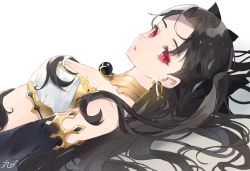 Rule 34 | bare shoulders, black hair, breasts, earrings, fate/grand order, fate (series), hair ornament, hair ribbon, highres, ishtar (fate), jewelry, long hair, looking at viewer, lying, oomori (kswmr), red eyes, ribbon, solo, twintails