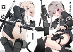 Rule 34 | 2girls, anti-materiel rifle, armband, ass, barrett m82, binoculars, black skirt, blonde hair, blue eyes, blush, breasts, buruma, cat, commentary request, dleung, dog tags, full body, gun, hair ornament, hairclip, highres, holding, holding sword, holding weapon, katana, kneeling, light brown hair, looking back, lying, medium breasts, medium hair, multiple girls, neckerchief, on ground, on side, open mouth, original, panties, pantyshot, pleated skirt, ponytail, red eyes, rifle, sailor collar, scared, school uniform, scope, serafuku, sheath, sheathed, shoes, skirt, sniper rifle, socks, solo, surprised, sword, tears, thighs, twintails, underwear, weapon, white background