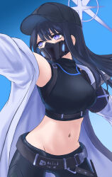 Rule 34 | 1girl, bare shoulders, baseball cap, belt, black hat, black pants, black shirt, blue archive, blue background, blue hair, breasts, coat, commentary request, cowboy shot, crop top, hat, highres, large breasts, long hair, mask, midriff, moriaka, mouth mask, navel, off shoulder, open clothes, open coat, pants, purple eyes, saori (blue archive), shirt, sleeveless, sleeveless shirt, solo, standing, stomach, white coat
