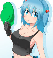 Rule 34 | 1girl, armpits, bad id, bad pixiv id, bare shoulders, black gloves, blue eyes, blue hair, blush, breasts, cleavage, collarbone, frown, gloves, green hat, groin, hair bobbles, hair ornament, hat, holding, holding clothes, holding hat, kawashiro nitori, large breasts, looking at viewer, matching hair/eyes, one-hour drawing challenge, short hair, sideboob, solo, strap slip, sumiya nadateru, tank top, touhou, two side up, unworn hat, unworn headwear, upper body