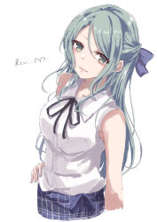 Rule 34 | 1girl, absurdres, aqua eyes, aqua hair, bang dream!, black ribbon, blue bow, blush, bow, collarbone, collared shirt, commentary request, cropped legs, hair between eyes, hair bow, hand on own hip, highres, hikawa sayo, looking at viewer, neck ribbon, nuruponnu, parted bangs, parted lips, ribbon, shirt, sidelocks, simple background, sleeveless, sleeveless shirt, solo, translated, white background, white shirt